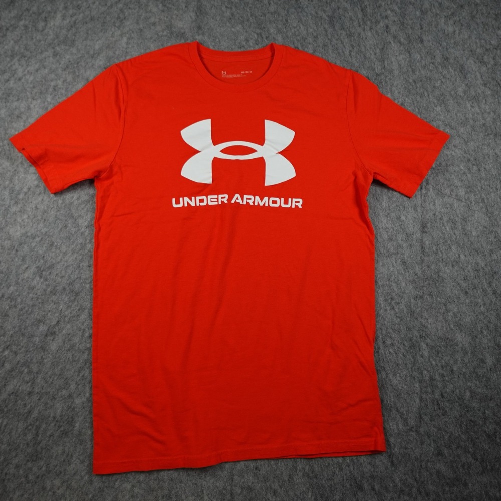 Under Armour Shirt Mens Medium Red Graphic Logo Loose Fit Short Sleeve Crew Neck